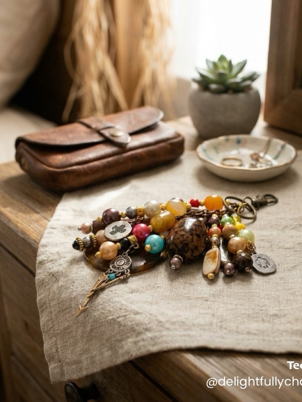 Multicolor Beaded Key & Card Holder Charm with Brass Accents